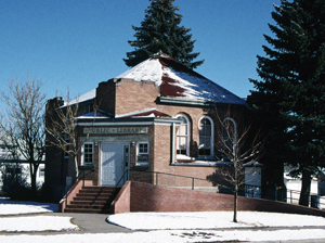 A view of the library with hipped roof and entrance on the corner with stairs and ramp leading up to it. Before the library lays snow around the cement sidewalks and tall trees on the right and back of the building.
