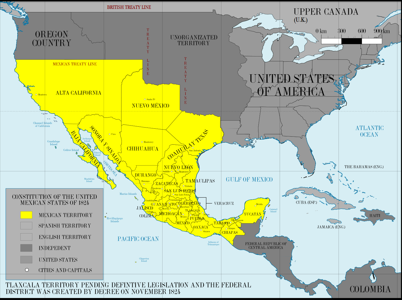 A map of the border of the United States and Mexico before the Mexican-American War.