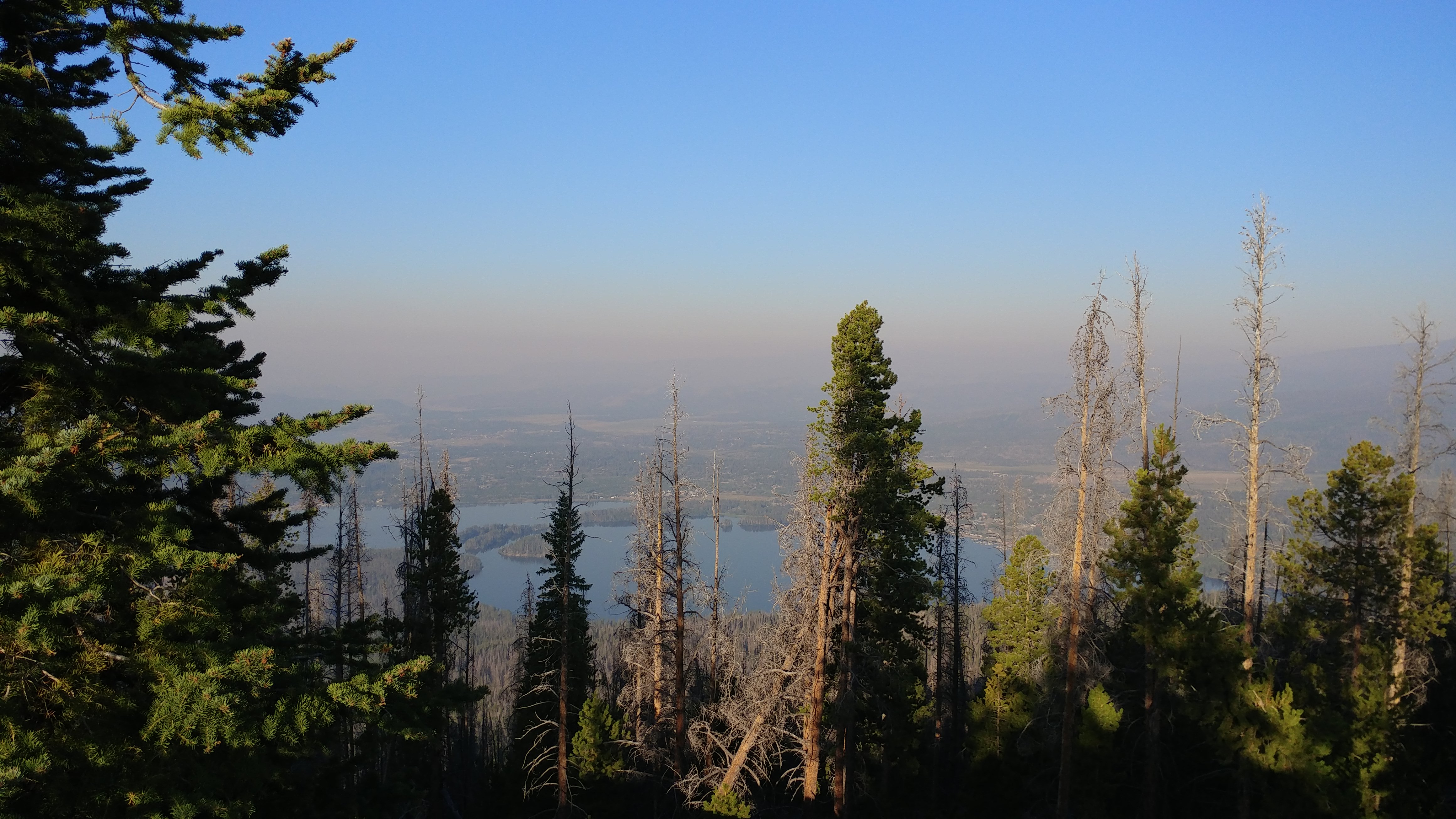Framed by tall green pine trees, this photo of lakes and mountains shows the lower elevations blanketed in an amber-colored layer of smoke from wildfires.