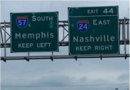 Photo of two highway road signs. The signs are suspended from signposts above the highway. The sign on the left shows the Interstate Highway symbol for Hwy 57 South and says "Memphis - Keep Left." The sign on the right indicates Exit 44, showing the Interstate symbol for Highway 24 East, and says "Nashville, Keep Right."