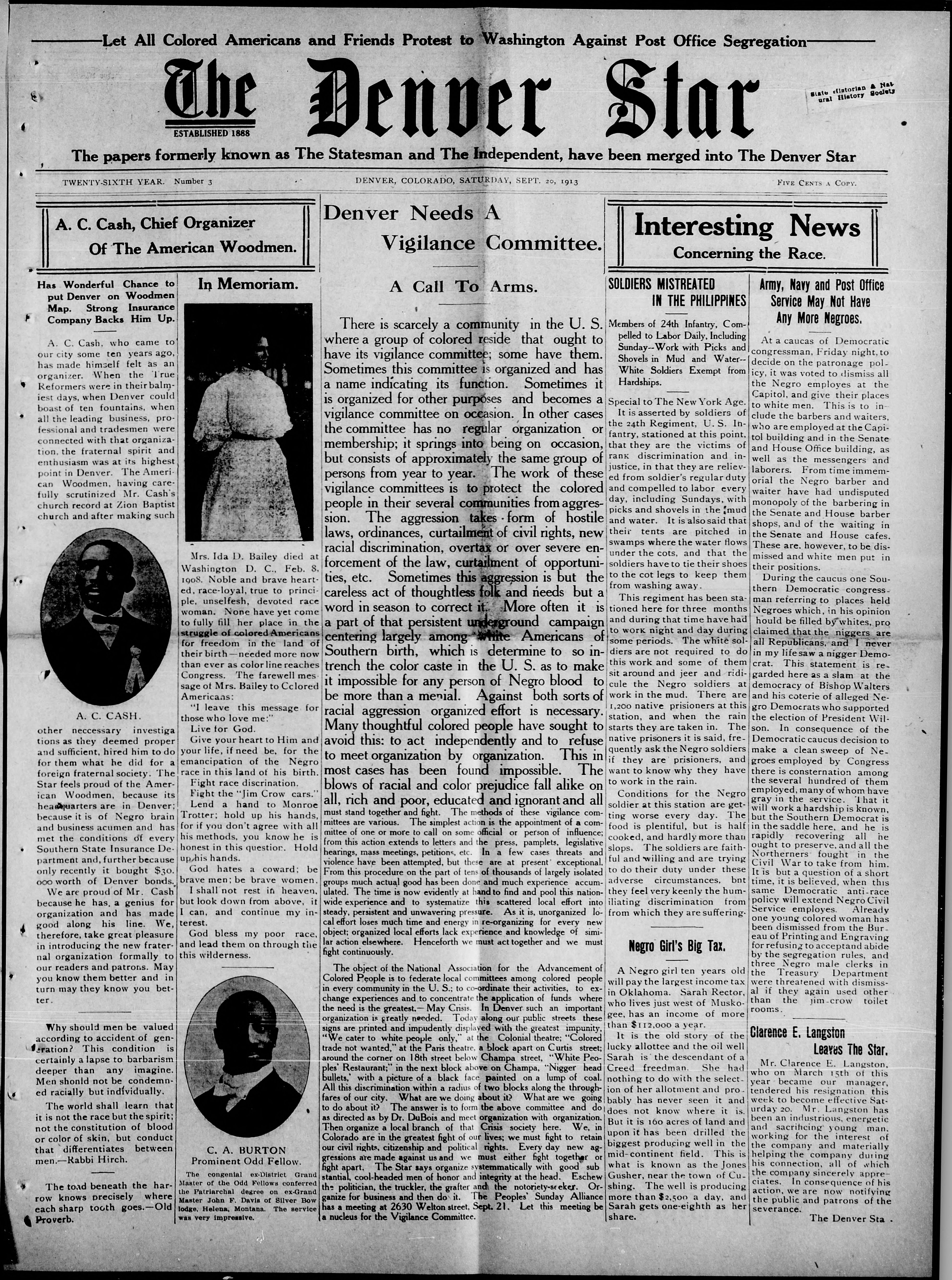Digital image of the front page of Denver newspaper, The Denver Star, dated September 20, 1913. One of the main headlines reads, "Denver Needs a Vigilance Committee - A Call to Arms."