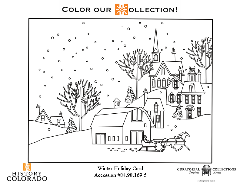 This holiday card features Santa Claus in a red sleigh flying over a village. 