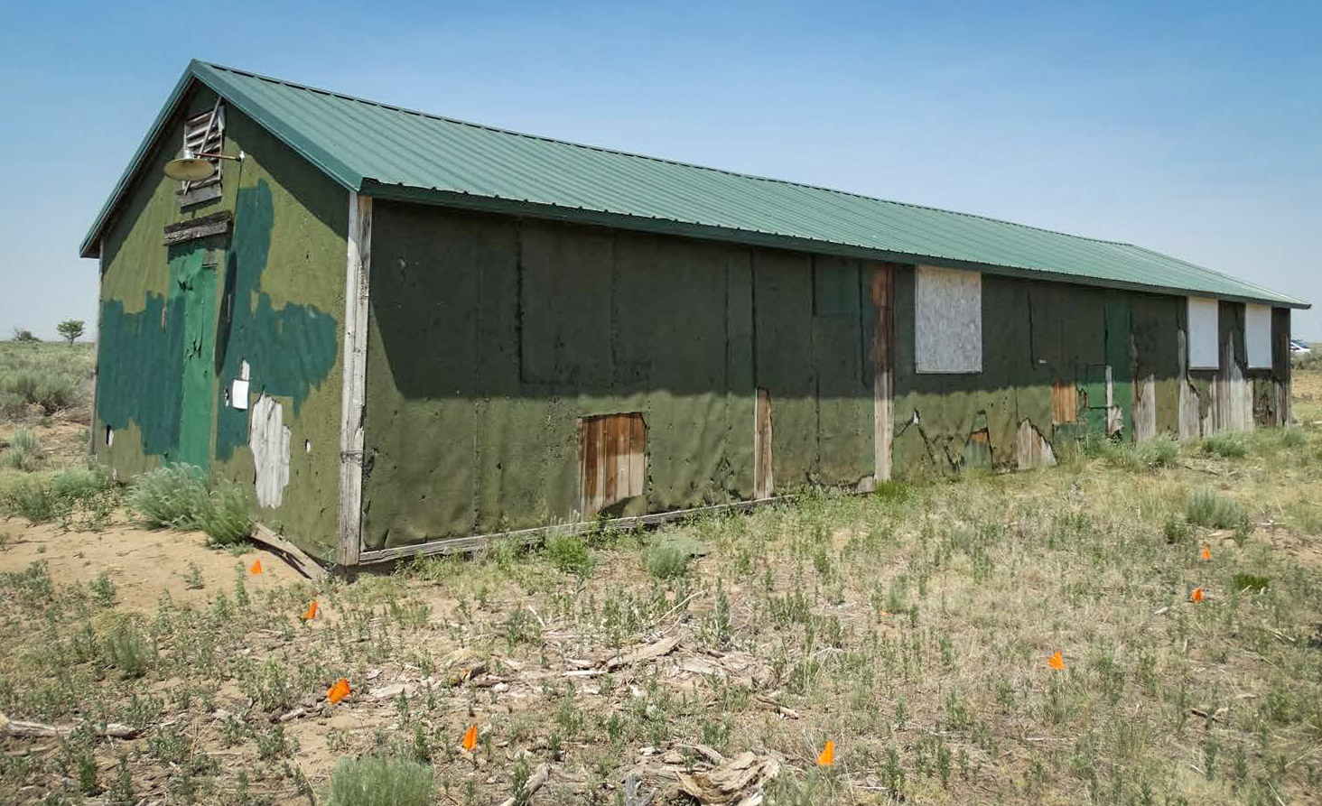 Photo of Amache building before preservation work began. The long narrow building has exposed wooden frame and green metal roof, with boarded up windows and sits in the middle of an arid plain with only weeds surrounding it.