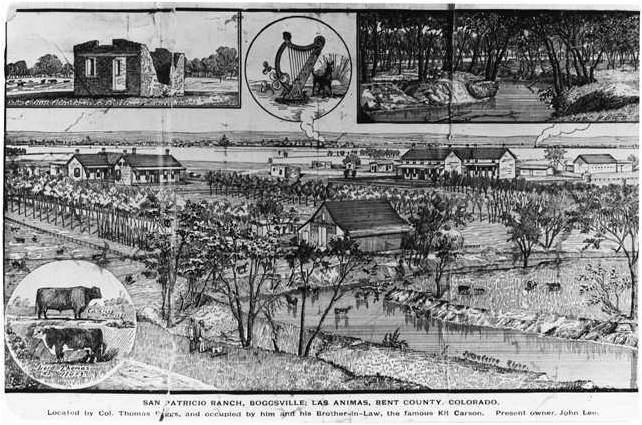 Image of a sketch which appeared in a newspaper in 1888. The black and white image shows the town of Boggsville, with homes, trees, livestock, and a river nearby. Four inset images feature two types of cattle, a harp, the banks of the river populated with trees and shrubs, and the remains of a small square building. The sketch bears the title "San Patricio Ranch, Boggsville, Las Animas, Bent County, Colorado."