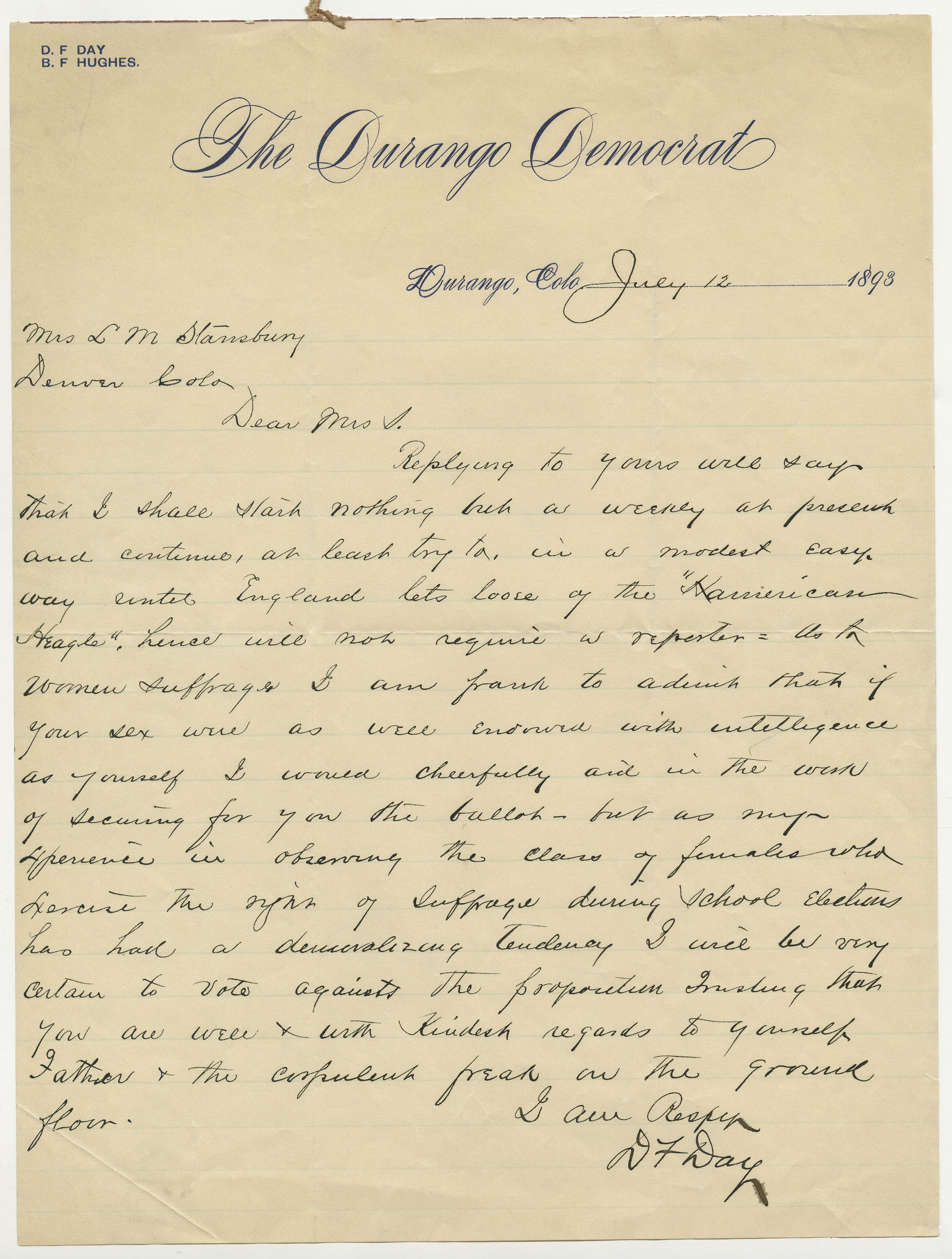 Durango Democrat letterhead, letter from D.F. Day to Ellis Meredith
