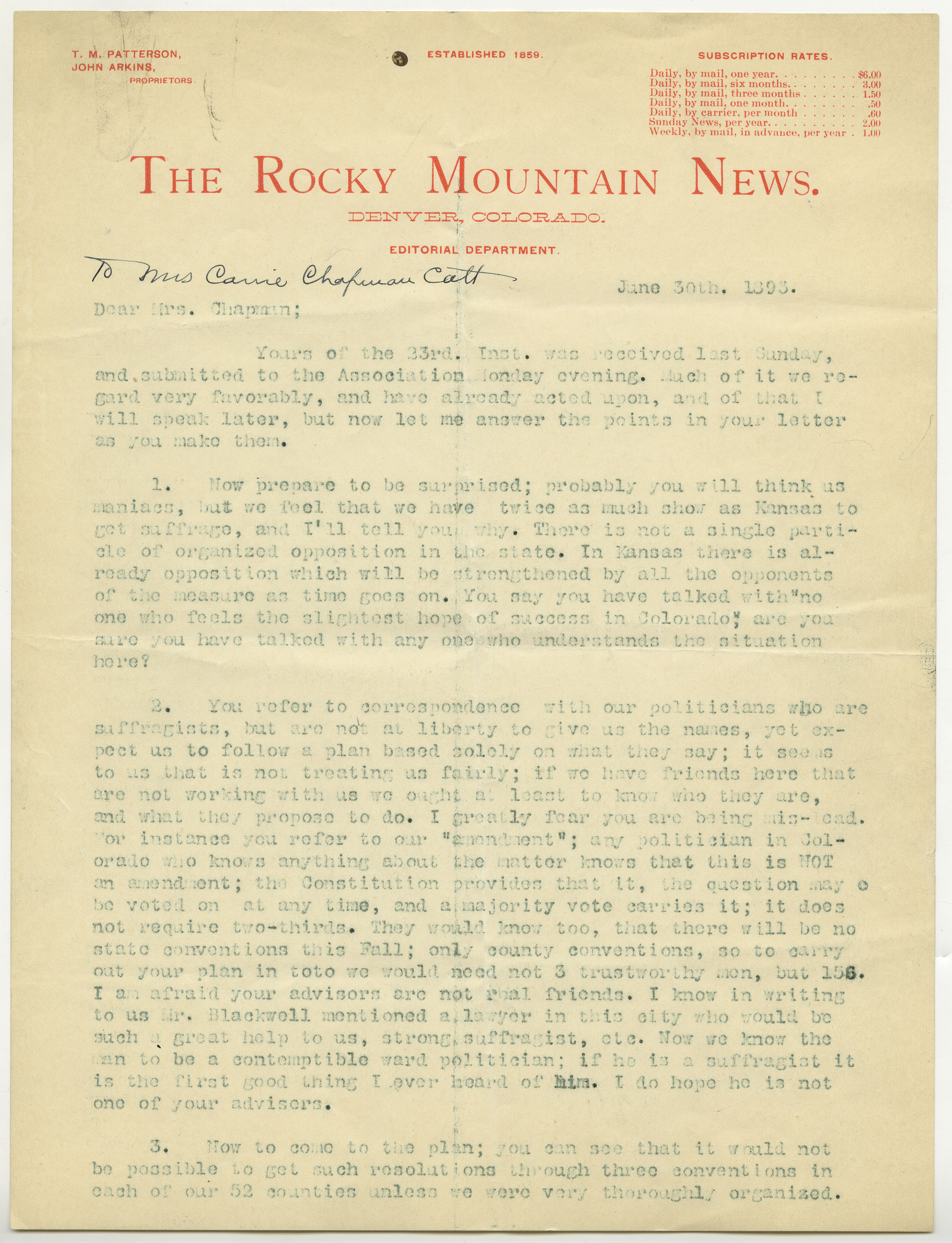 Letter from archives, this letter is Ellis Meredith to Carrie Chapman Catt 