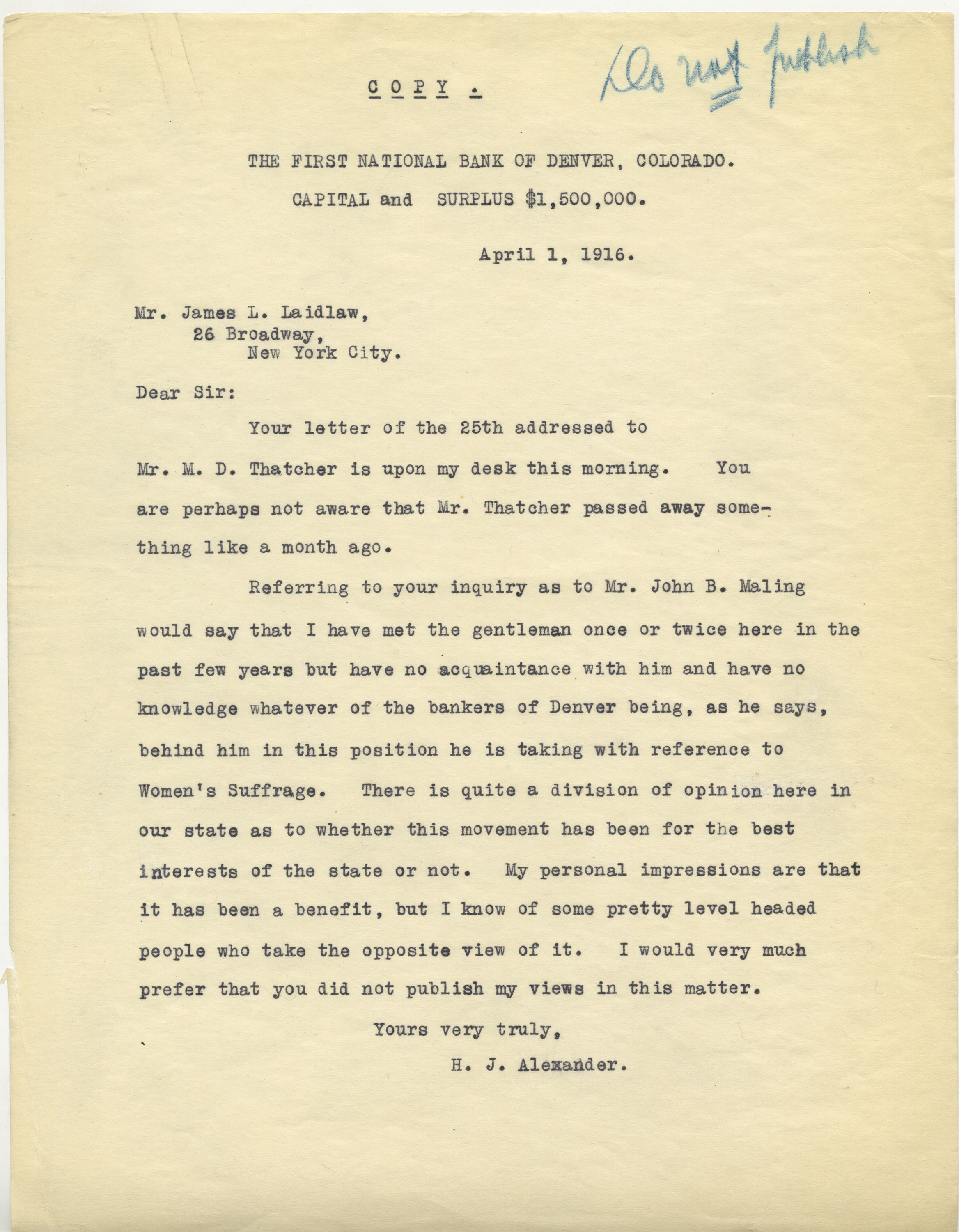 Letters on suffrage from Colorado bankers, 1916.