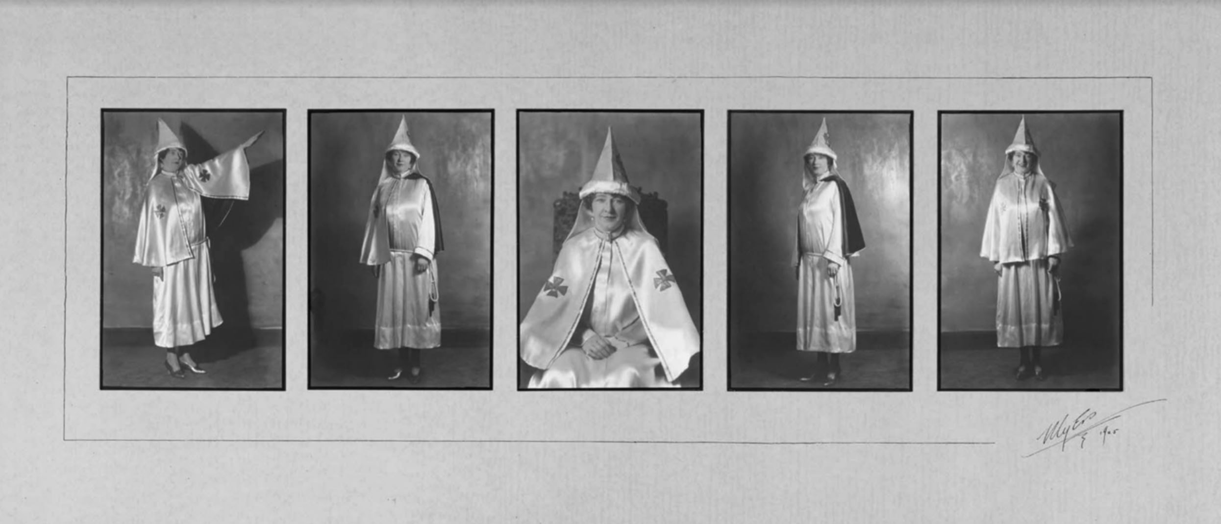 Studio portraits of a woman (Laurena Senter) in Ku Klux Klan uniform. Each portrait depicts her in a different pose, with the hood on but the facemask raised.