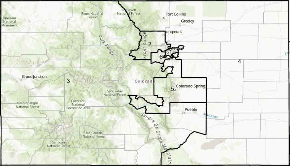 Image of the state of Colorado with the districts outlined and named as they existed in 1993. There are 6 districts: the 1st is the city of Denver, the 2nd is an area to the northwest of Denver. The 3rd District is the entire west half of the state. To the eastern border lies the 4th district, and the 5th is an odd-shaped block in the center of the state including Colorado Springs, with 2 "arms" extending to the west. The 6th district is the northern half of Jefferson County and an area just south of Denver