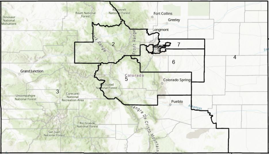 Image of the state of Colorado with the districts outlined & named as they were in 2003. There are 7 districts: 1) the city of Denver, 2) a sizeable area to the northwest of Denver, 3) nearly half of the state to the west, extending along most of the southern border, 4) a picture frame shaped portion of the northeast corner of the state, 5) a block in the middle of the state, 6) a block between Denver and Dist. 5, and 7) a thin just north & east of Denver, extending "arms" down the west & east sides.