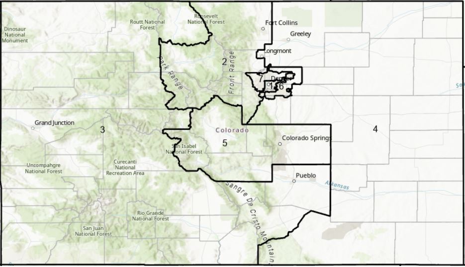 Image of the state of Colorado with the districts outlined & named as they were in 2013. There are 7 districts: 1) the city of Denver, 2) a sizeable area to the north & west of Denver, 3) nearly half of the state to the west, extending along half of the southern border, 4) the eastern half of the state, 5) an odd-shaped area in the middle of the state, 6) a very asymmetrical area circling the eastern half of Denver, and 7) an uneven area north & east of Denver.