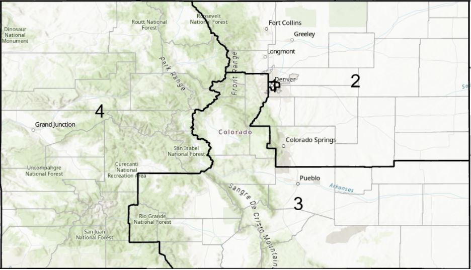 Image of the state of Colorado with the districts outlined and named as they existed in 1919. The image shows 4 districts: the First District in the city of Denver, and the Second District in the northeast corner of the state. The Third District is roughly the southeastern portion of the state from the Front Range eastward, and the Fourth District is the western third of the state, from the Wyoming border to the New Mexico border, and the Utah border to the west.