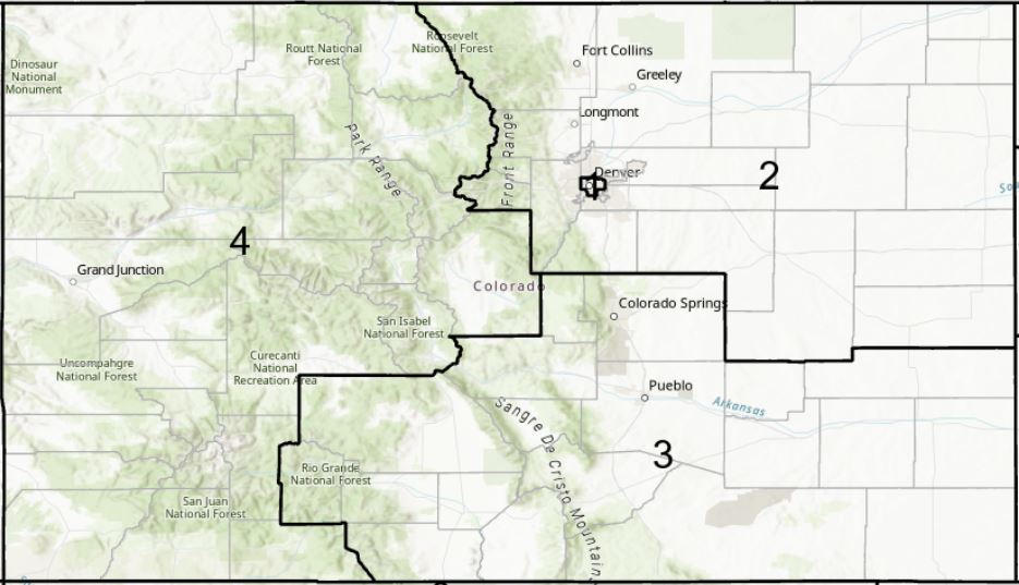 Image of the state of Colorado with the districtsoutlined and named as they existed in 1921. The image shows 4 districts: the First District in the city of Denver, and the Second District in the northeast corner of the state but in this map the 2nd District extends furt. The Third District is roughly the southeastern portion of the state from the Front Range eastward, and the Fourth District is the western third of the state, from the Wyoming border to the New Mexico border, and the Utah border to the west.