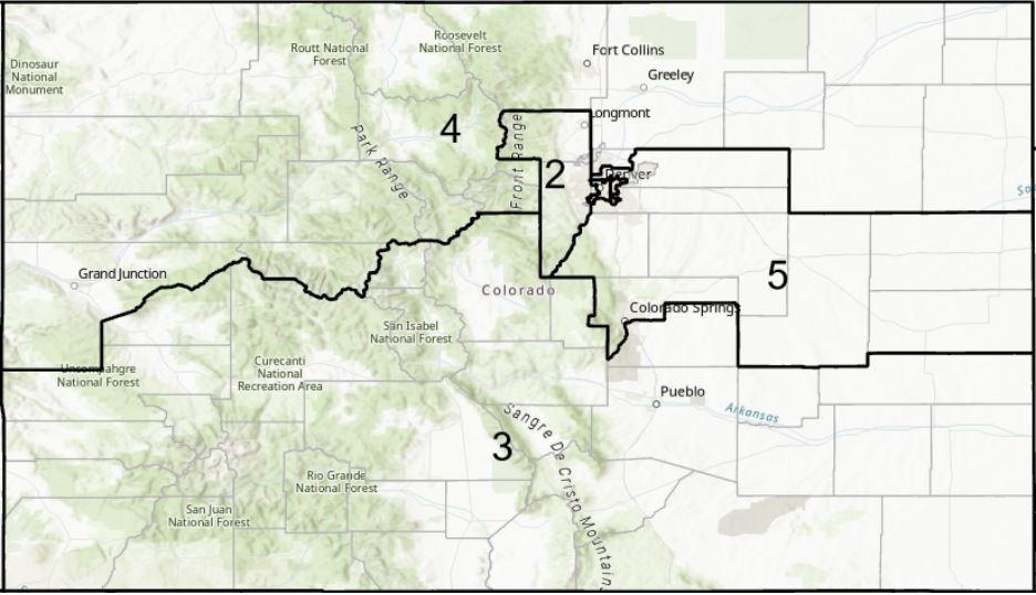 Image of the state of Colorado with the districtsoutlined and named as they existed in 1973. The image shows 5 districts: the First District is a small area of the city of Denver, the Second District is smaller than before and is now just to the west of the 1st district. The Third District is the southern half of the state, from the west border to the eastern border, and along the entire southern border. The 4th district runs along the northern border. The 5th district is a section extending east of Denver.