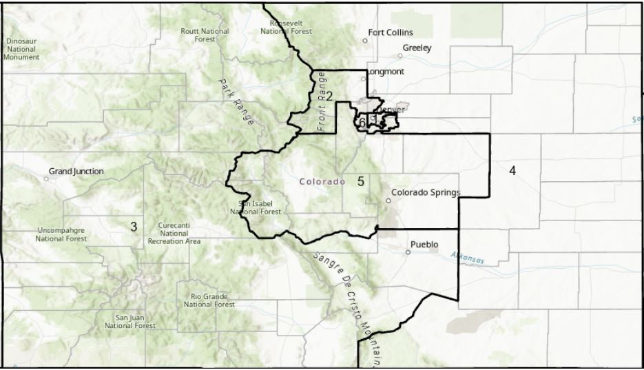 Image of the state of Colorado with the districs outlined and named as they existed in 1983. The image shows 6 districts: the 1st District is the city of Denver, the Second is a small upside-down horseshoe shape to the northwest of Denver. The 3rd District is the entire half of the state from the Front Range westward. To the eastern border lies the 4th district, and the 5th is a block in the center of the state that includes Colorado Springs. The 6th district is a very small horseshoe to the south of Denver