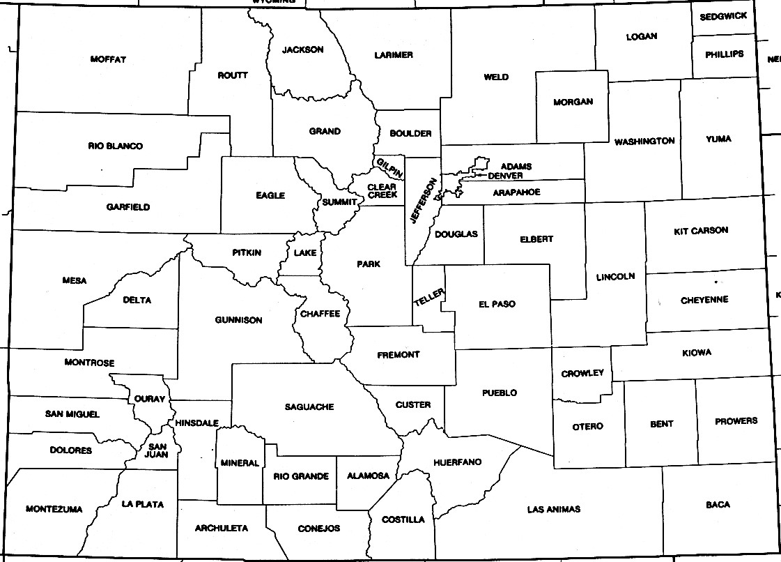 Image of the state of Colorado, with the counties outlined and named.