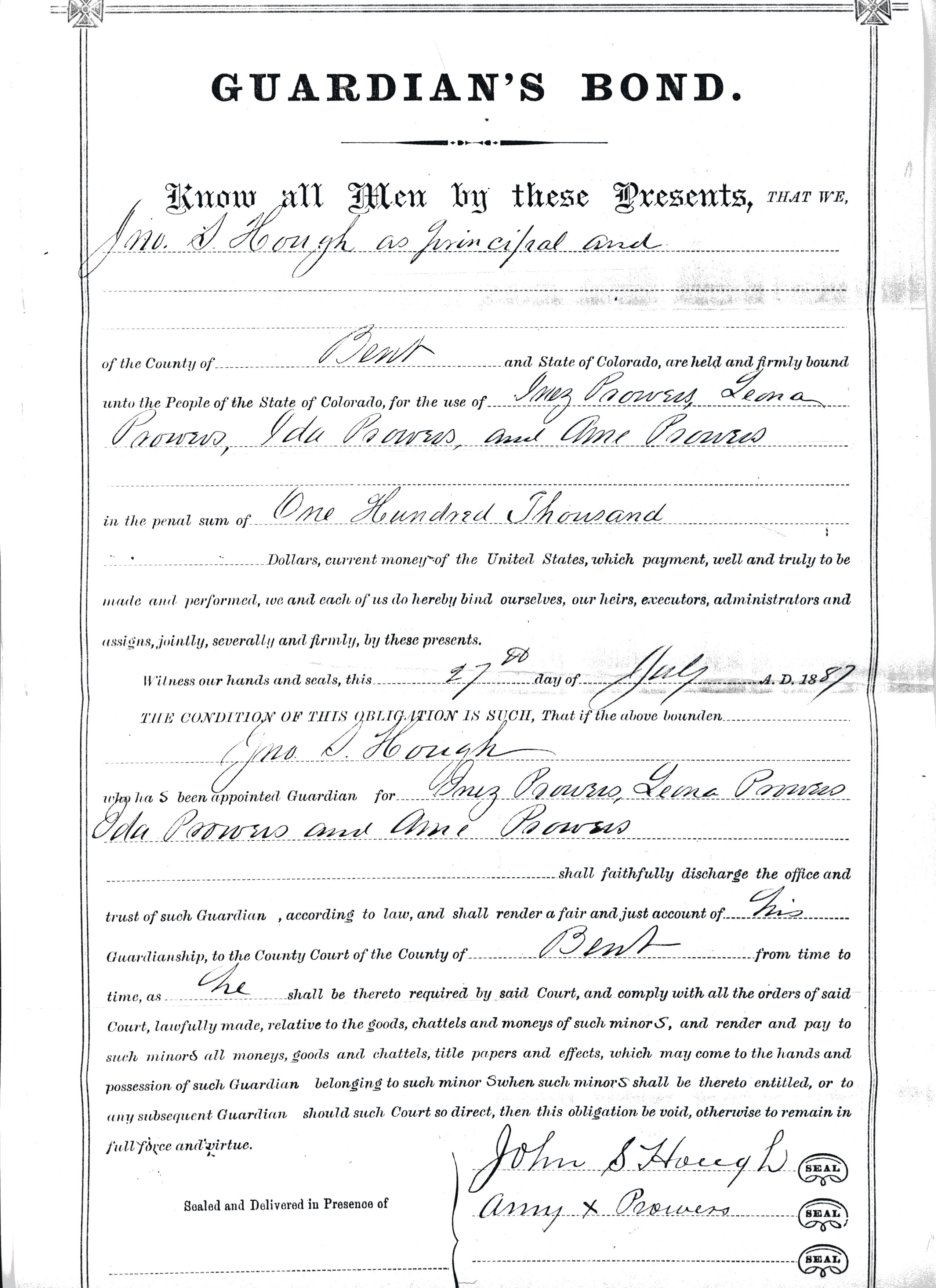 Photo of a legal document from 1887. The document is a Guardian's Bond, and was intended for signature by Amache Prowers.