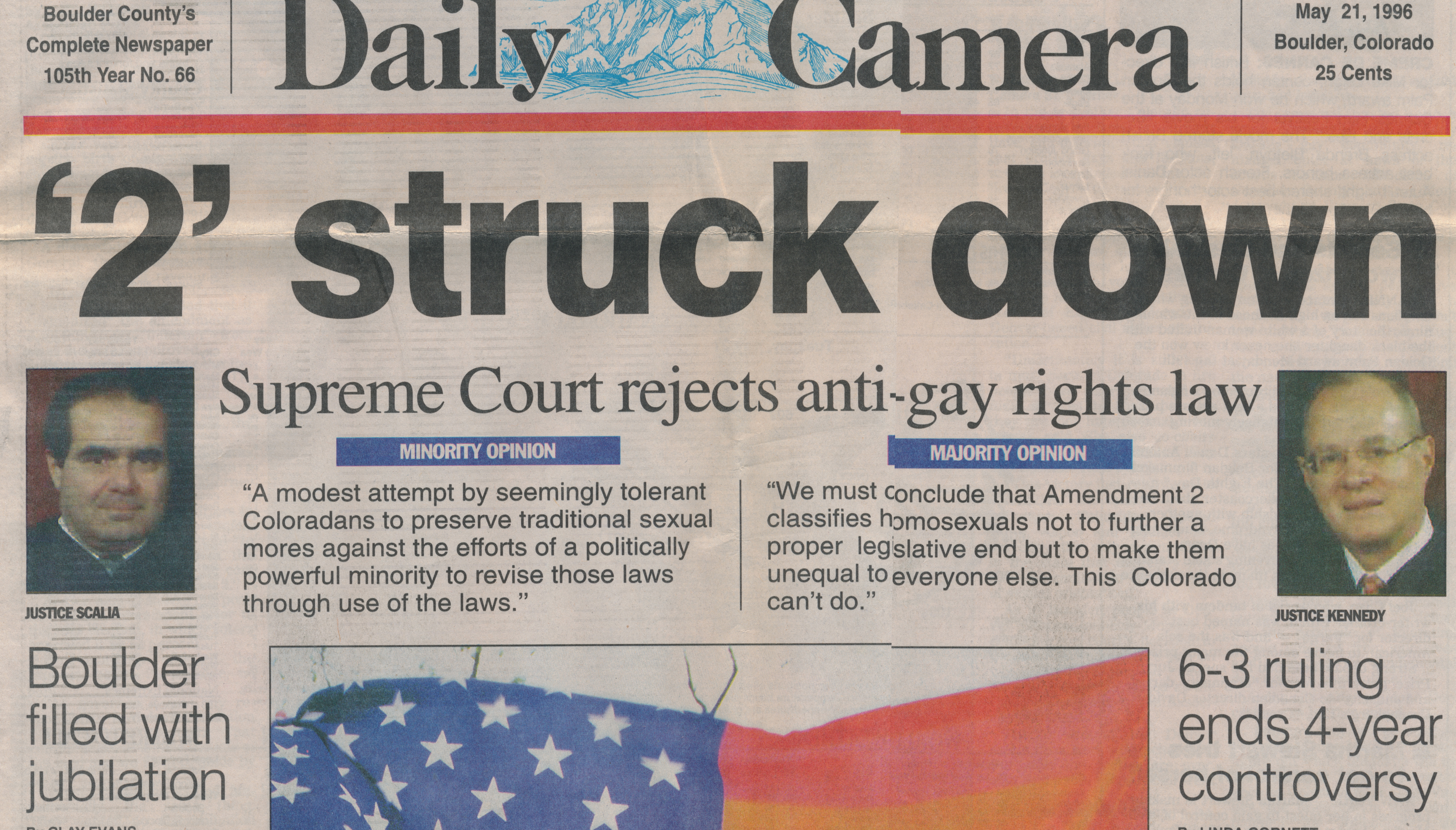Image of Boulder Daily Camera newspaper headline, May 21, 1996. The headline reads "'2' struck down, Supreme Court rejects anti-gay rights law."