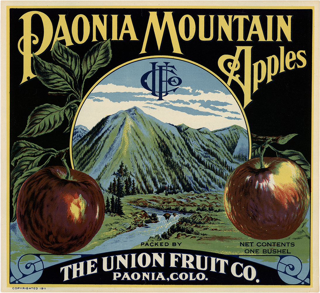 PAONIA MOUNTAIN APPLES/NET CONTENTS ONE BUSHEL/PACKED BY THE UNION FRUIT CO. PAONIA, CO.