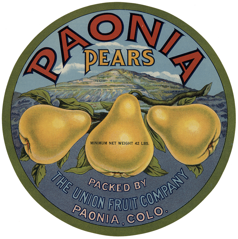 PAONIA PEARS, minimum NET WEIGHT 42 LBS. PACKED BY THE UNION FRUIT CO., PAONIA, CO.