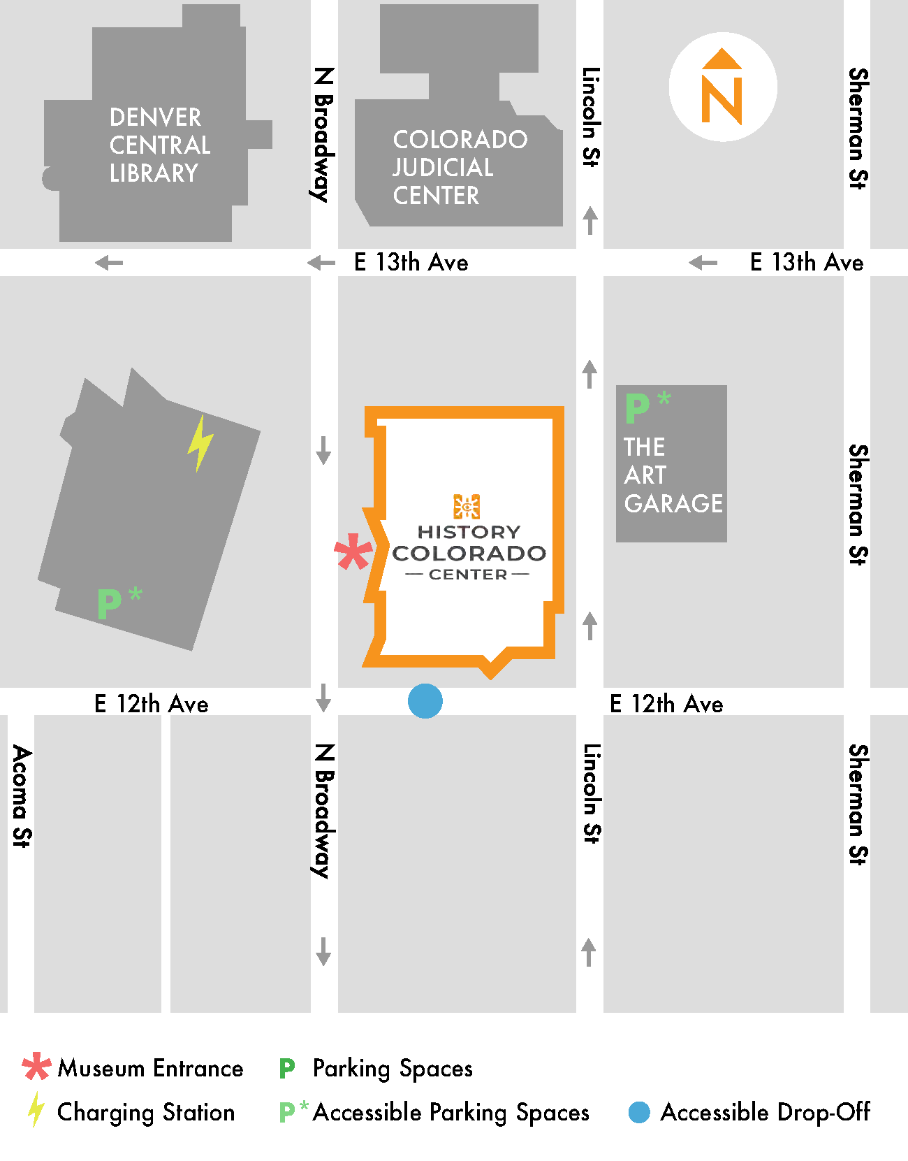 A map of the area around the History Colorado Center, showing the museum entrance on North Broadway, the accessible drop off on East 12th Avenue, and parking at the Art Garage on Lincoln Street.