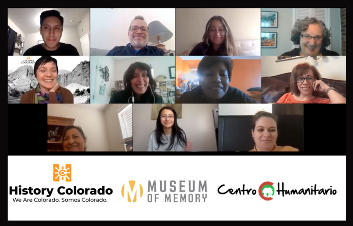 11 people taking part in a zoom meeting for Centro Humanitario's Memory project. There are logos for Centro Humanitario, Museum of Memory, and History Colorado below.