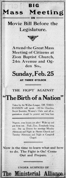Image of a clip from a historical newspaper, announcing a "Big Mass Meeting" at the Zion Baptist Church at 24th and Ogden Streets in Denver. The meeting is called to protest the screening of the film "The Birth of a Nation," saying "Now is the time to learn what and how to do. The Fight is On! Come Out and Prepare."