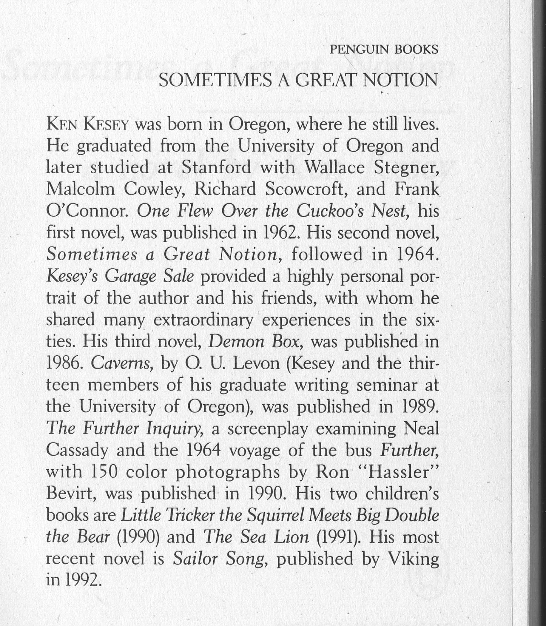 Photo of a page from the novel Sometimes a Great Notion, by author Ken Kesey. The page features the author's biographical information, including the mention that he was born in Oregon, which is incorrect. Kesey was born in La Junta, Colorado.