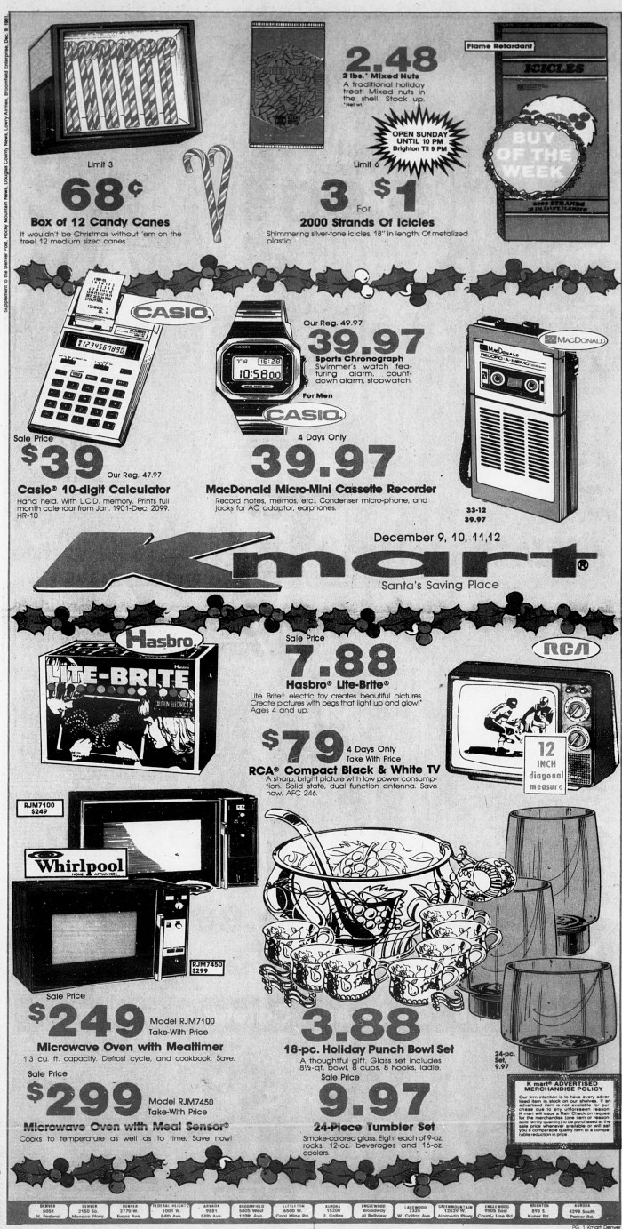Image of a newspaper ad, full page. Kmart stores are advertising Christmas holiday sales for November, 1983. The products on sale include a Lite-Brite toy, a Casio digital watch, a mini-cassette recorder, and a punch bowl set, among other items. 