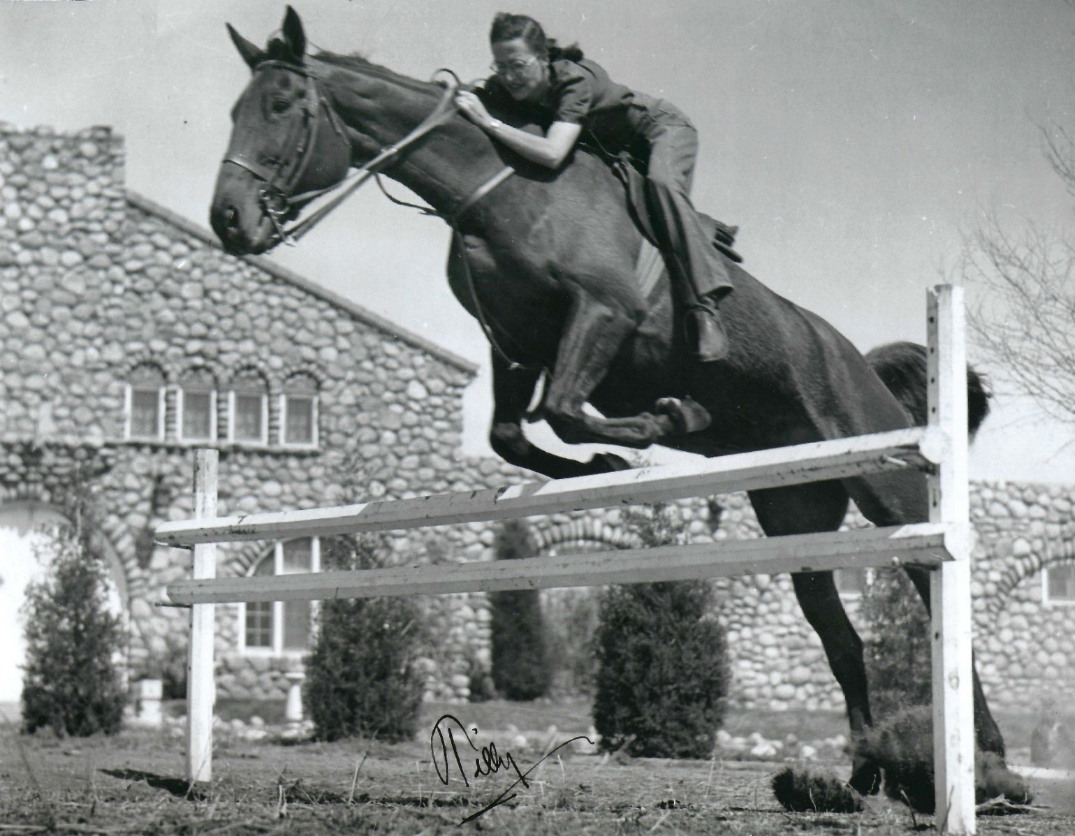 A woman on a horse leaping a low barrier. A stable is visible behind them.