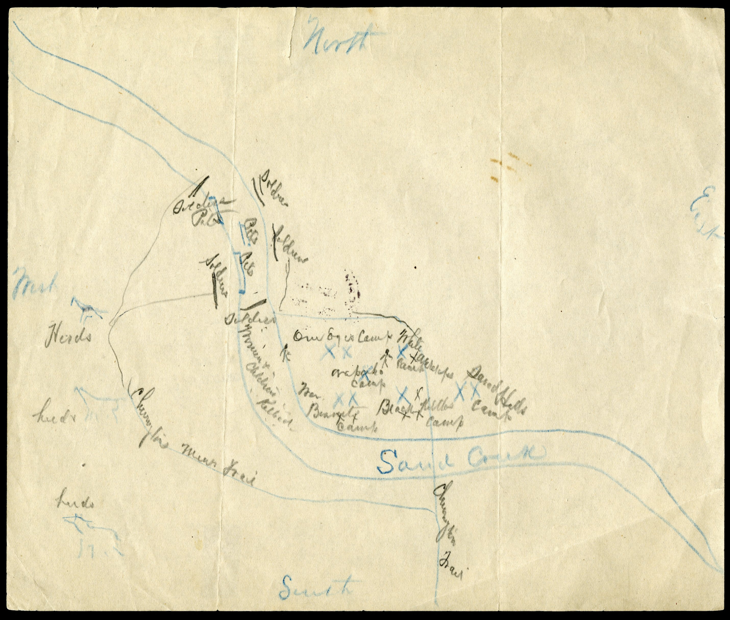 Image of a hand-drawn map on white paper. The map indicates North at the top of the page and South at the bottom; in thin cursive handwriting, the Sand Creek snakes its way from the left of the map, down to the south. There are "X" marks alongside the creek, with names that suggest who was positioned in the area. "Chivington Trail" is legible along a path leading from the south up north to the area where others were situated along the creek.