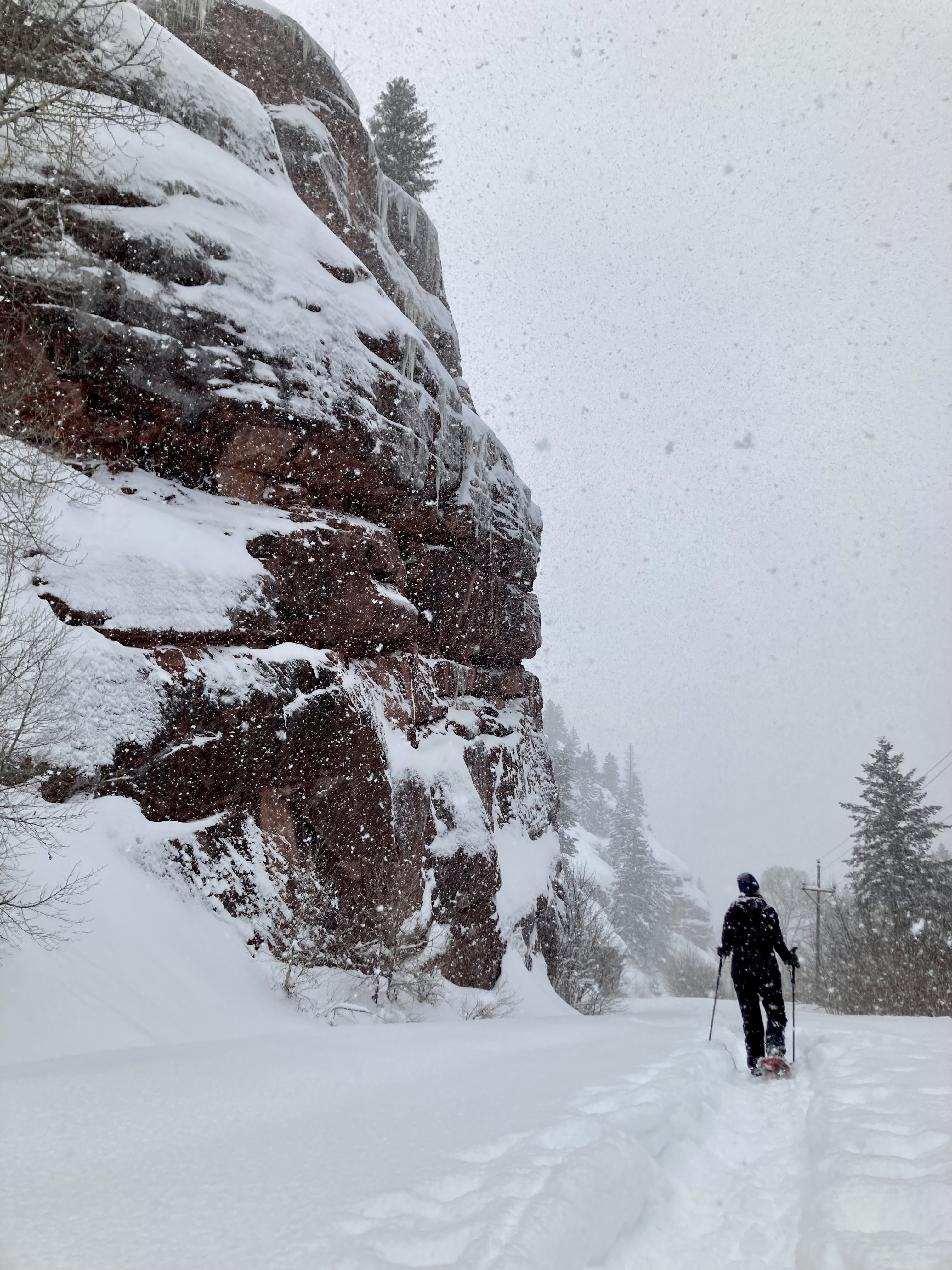 A loan figure snowshoeing in a winter flurry, next to a large cliff covered with snow.