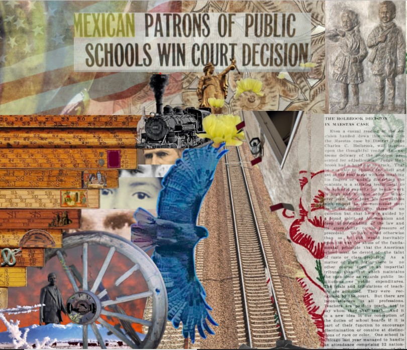 A mural by Katie Dokson to reflect the Maestas case. It depicts bluebirds, railroad tracks, and newspaper clippings.