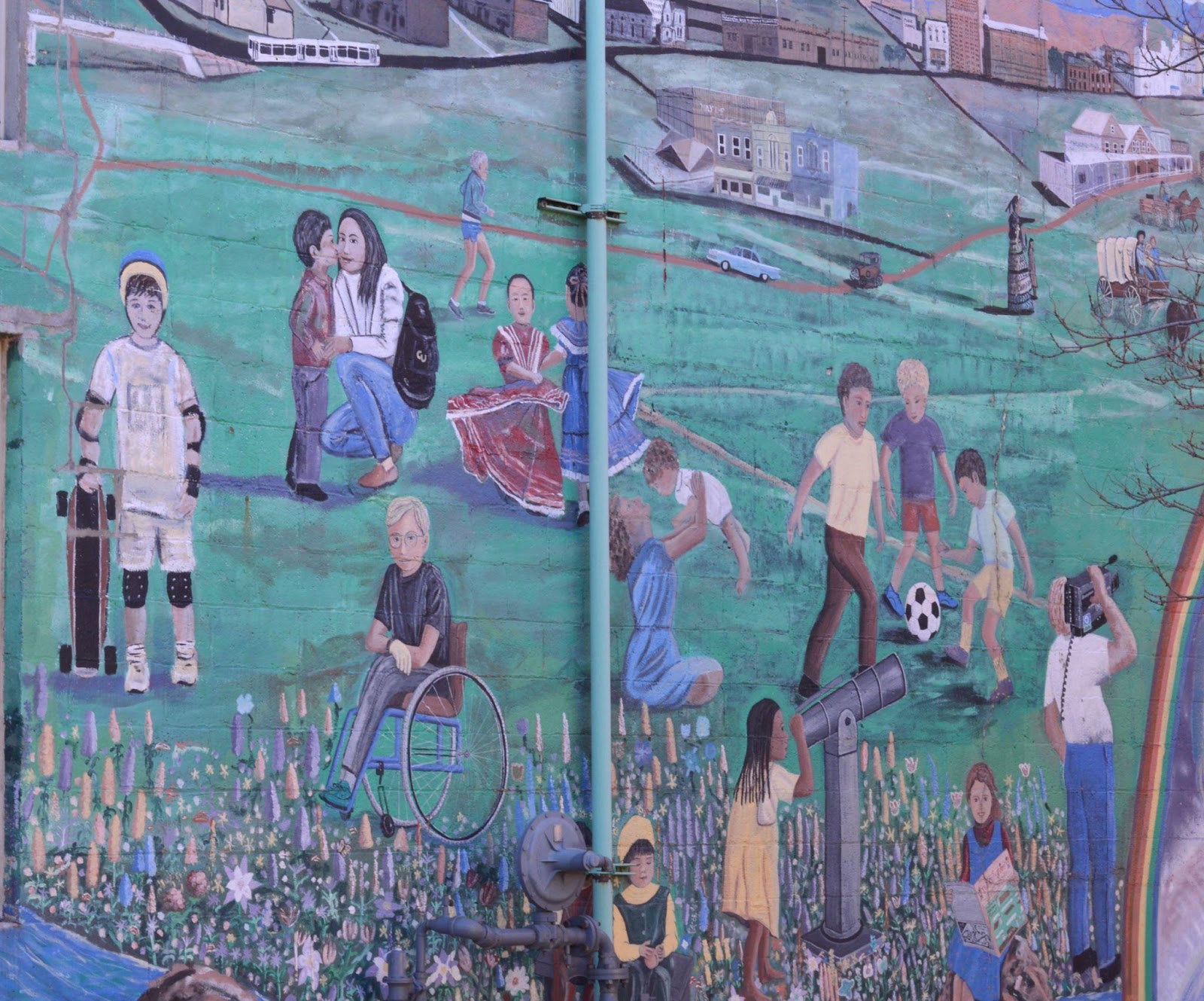 A close-up from Learning From the Past, Focused on the Future. This mural depicts many children in different scenarios, playing sports, using telescopes, skateboarding, etc.