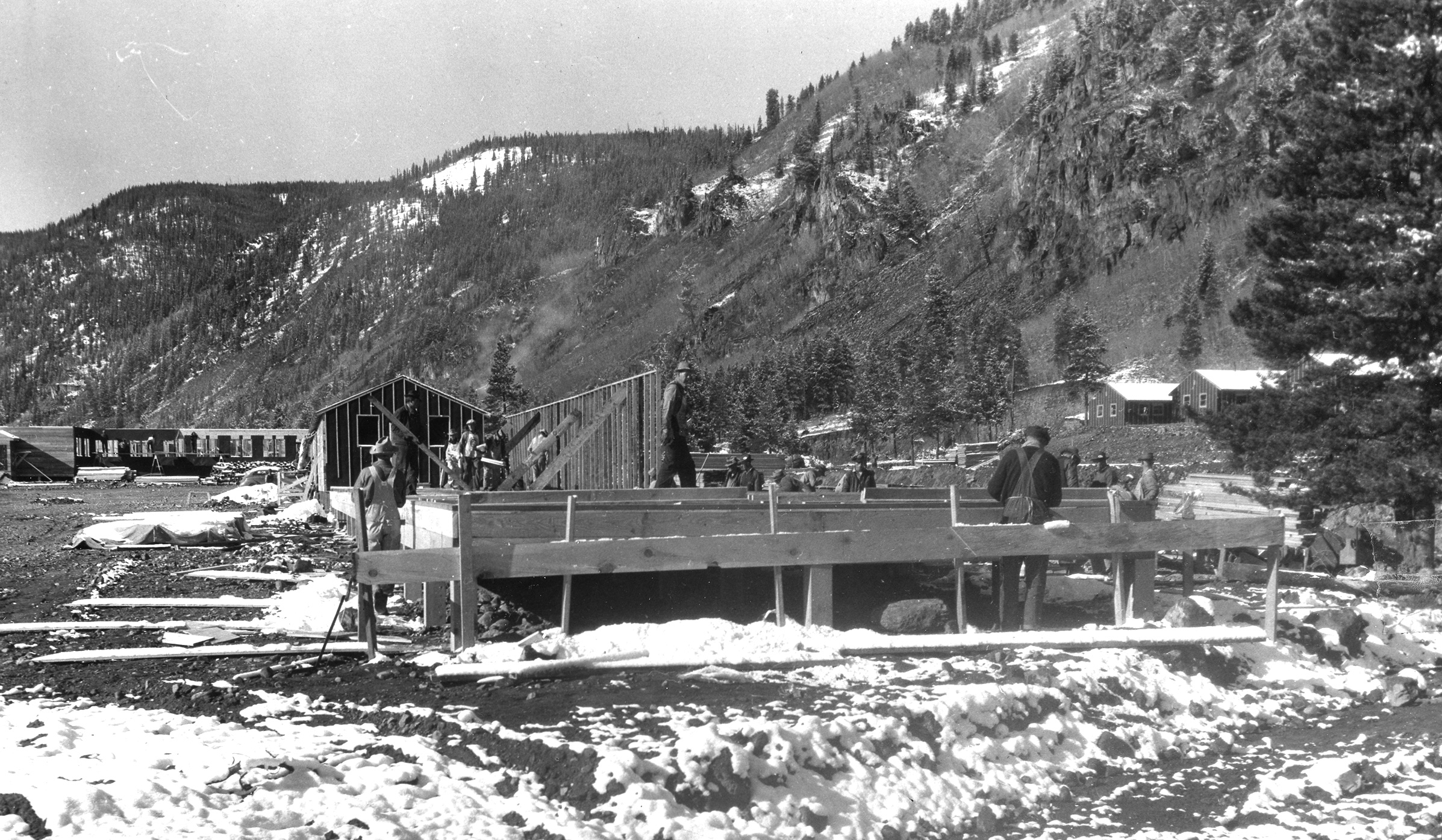 Workers constructing a structure in Camp Hale.