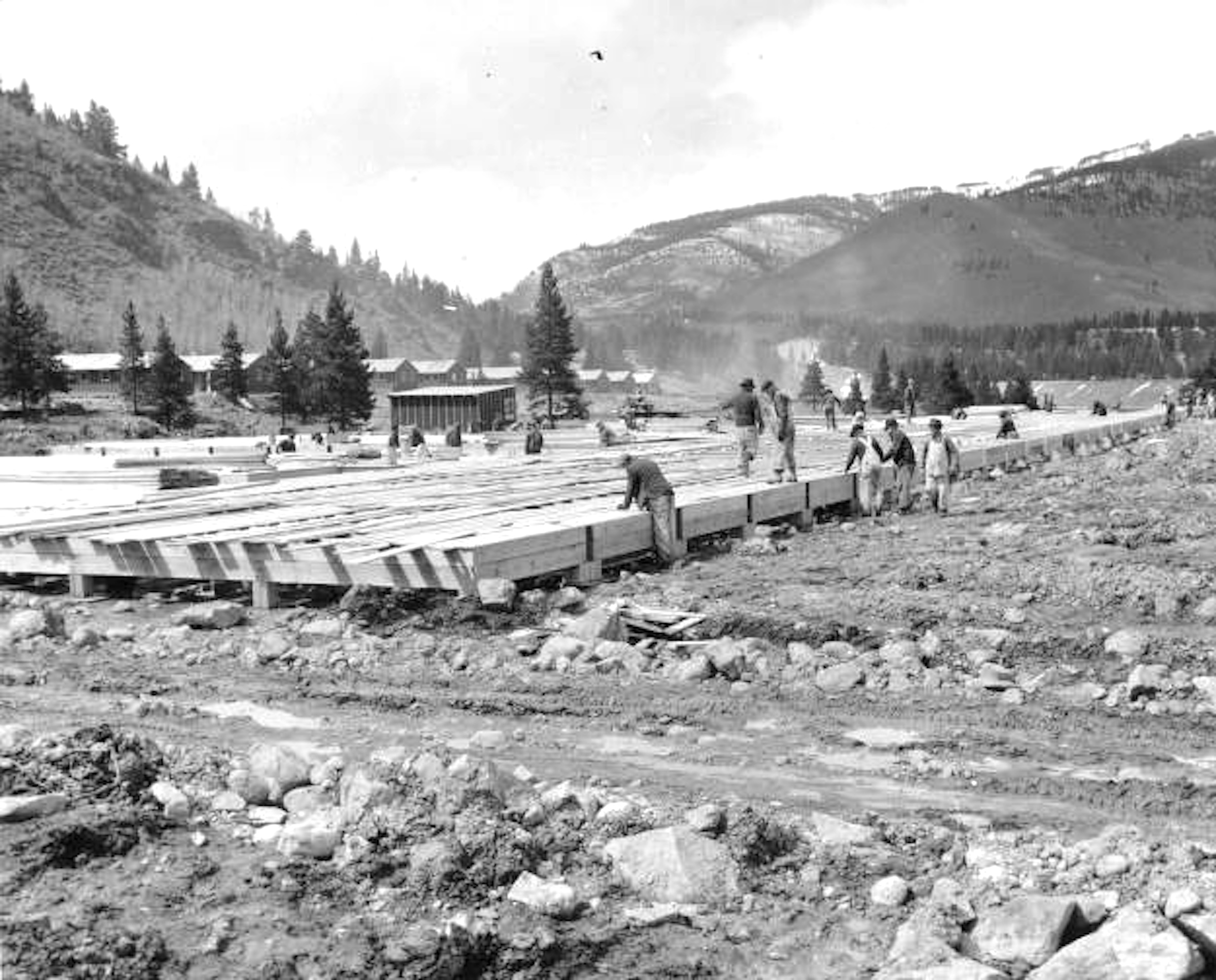 Workers constructing a structure in Camp Hale.