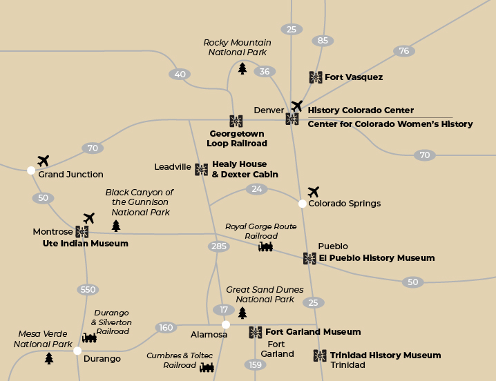 Map of History Colorado museums, US National Parks, and historic railroads in Colorado