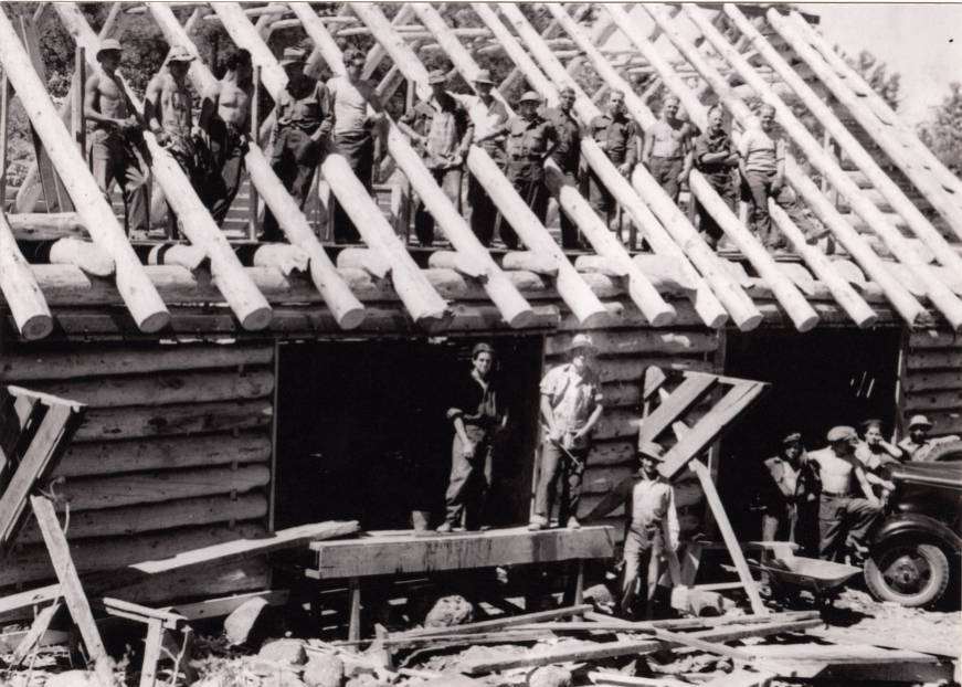 Civilian Conservation Corps (CCC) workers building one of the cabins at the Beulah Mountain Park in the 1930s.