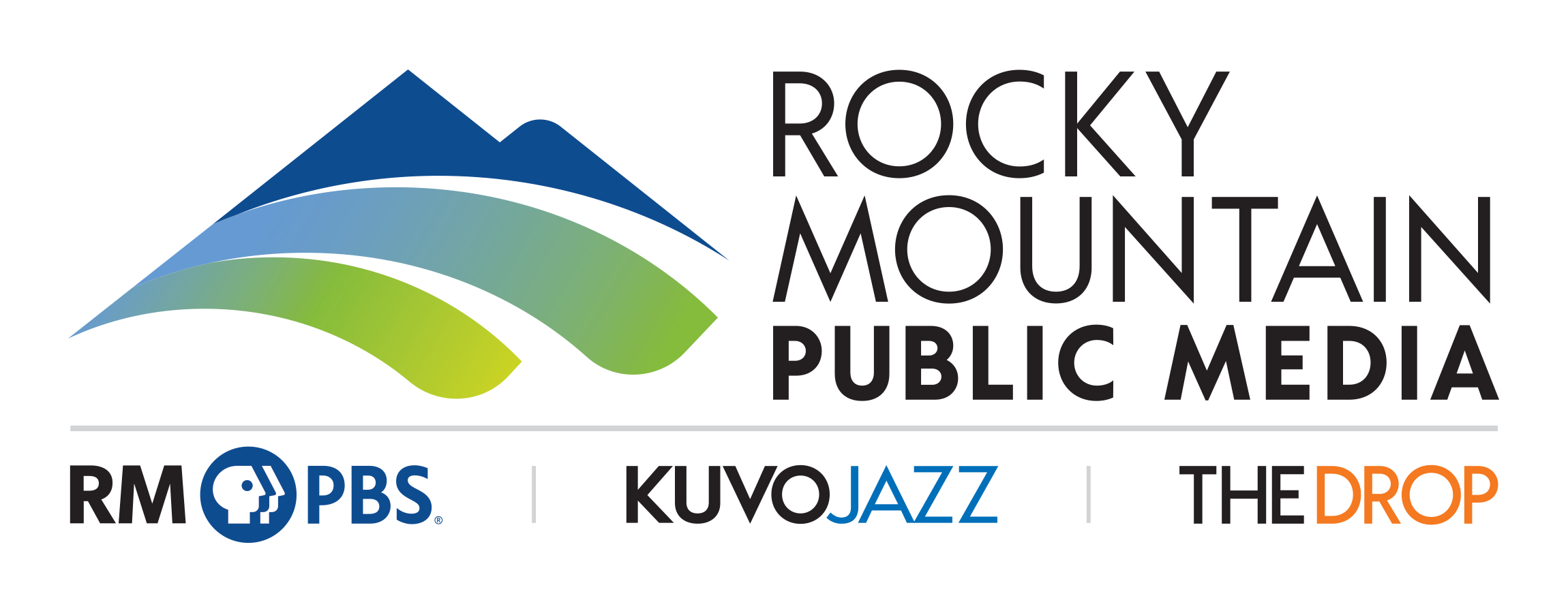 Green and blue logo for Rocky Mountain Public Media with RMPHS, KUVOJAZZ, and The Drop included.
