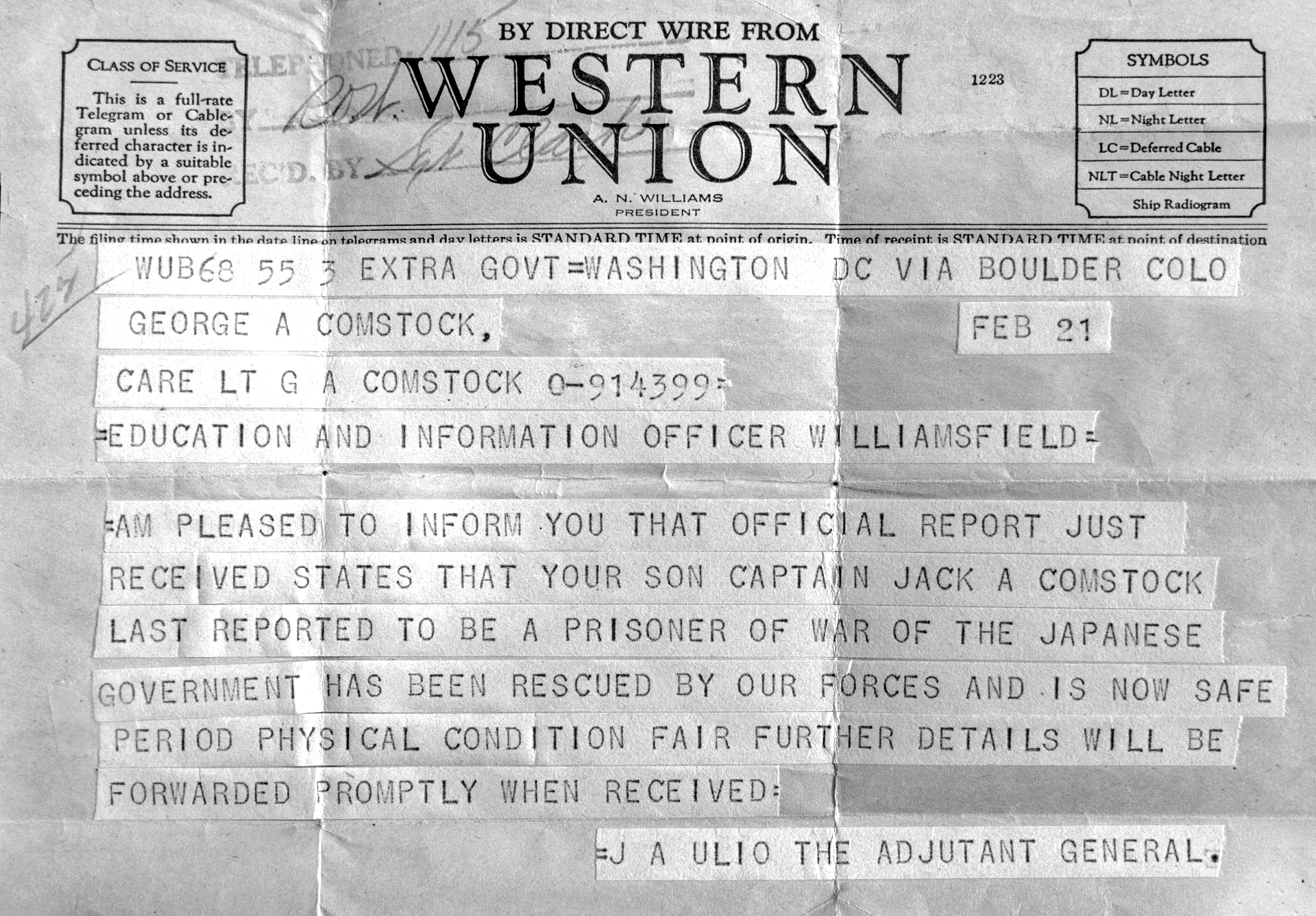 A rescue letter sent to Jack Comstock's family detailing his rescue from a POW camp.