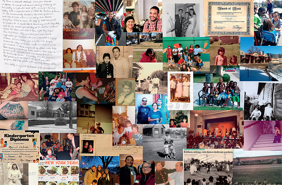 Collage of donated photos from Sun Valley community members. Family photos, handwritten letters, and newspaper clippings are included.