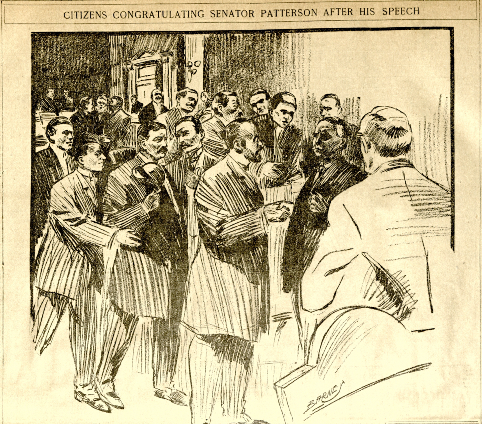 A 1905 political cartoon depicting a group of men, titled: "Citizens congratulating Senator Patterson after his speech."
