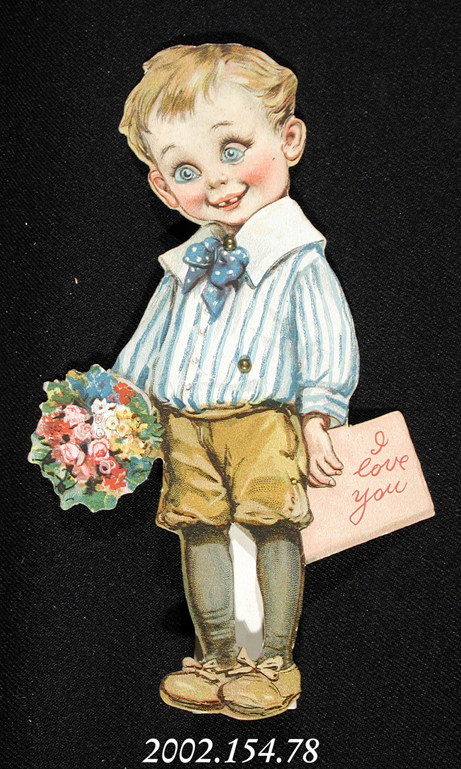 A valentine card in the shape of a boy holding flowers.