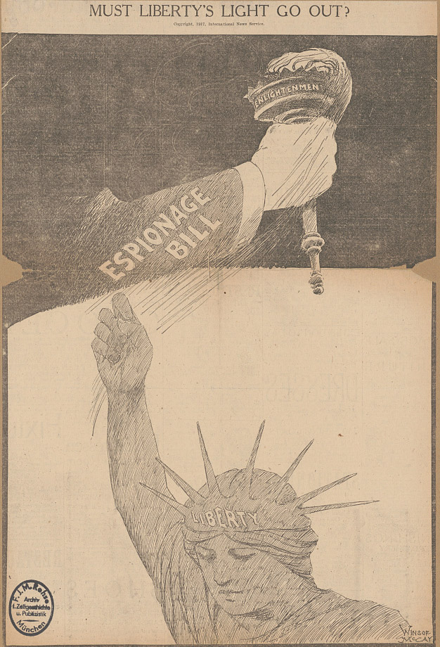 A 1917 political cartoon depicting a hand stealing the torch of the Statue of Liberty, titled: "Must Liberty's Light Go Out?"