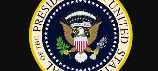 Image of the seal of the President of the United States, as stated in a gold circle around the perimeter of a navy-colored circle depicting an eagle with a banner saying "E Pluribus Unum" in its mouth. Above its head & banner are 9 white stars & 13 white spheres. The eagle has a shield in front of its chest: it's blue at the top, red & white stripes on the bottom portion. The eagle holds an olive branch in its right talon, a bunch of arrows in its left talon. The navy color is encircled with white stars.