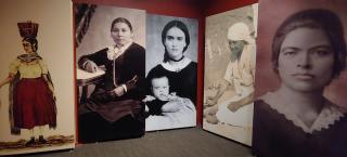 Photo of five separate images of women who were important figures in the borderlands history of Colorado. From left to right, the women are: Teresita Sandoval, Amache Prowers, Josefa Carson, Rebecca Lopez, and Dona Bernarda Mejia Velasquez.