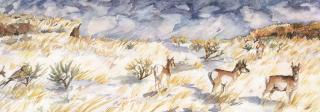 Watercolor painting of Pikes Peak with deer and birds