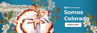 An image of a Folklorico dancer. Behind her is a blue background with ephemera such as flowers and notes sheet. The text reads " Somos Colorado"