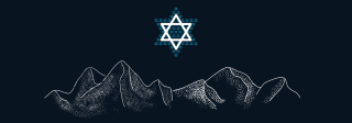 An illustration of the san luis mountains with a Jewish start overhead. The background is dark blue and the design is white using a stippling effect.