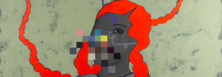 Painting of a woman with grey skin and red braided hair. Her mouth is pixelated in censorship. Her red hair is suspended in the air behind her.